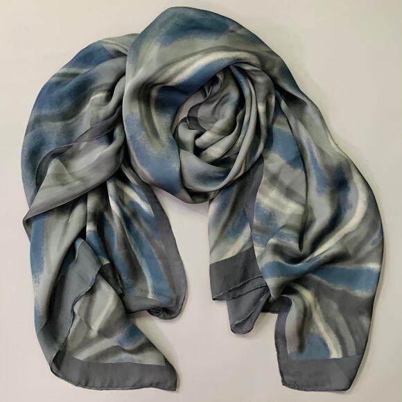 GIORGIO ARMANI Grey Navy Marbled Silk Scarf Shawl - Picture 1 of 5